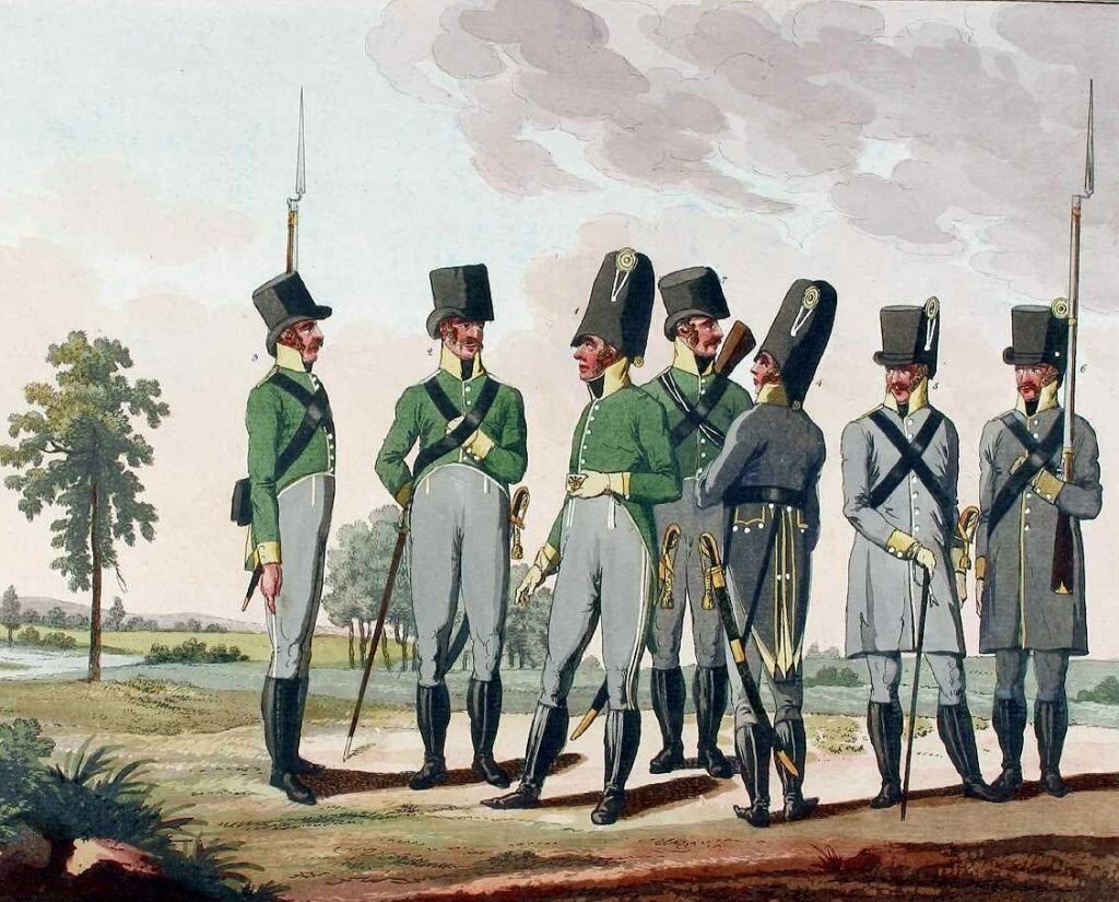 De gauche à droite : caporal, officier, chasseur, officier et troupe de la Landwehr de Salzbourg. Eder-Oesterreicher)