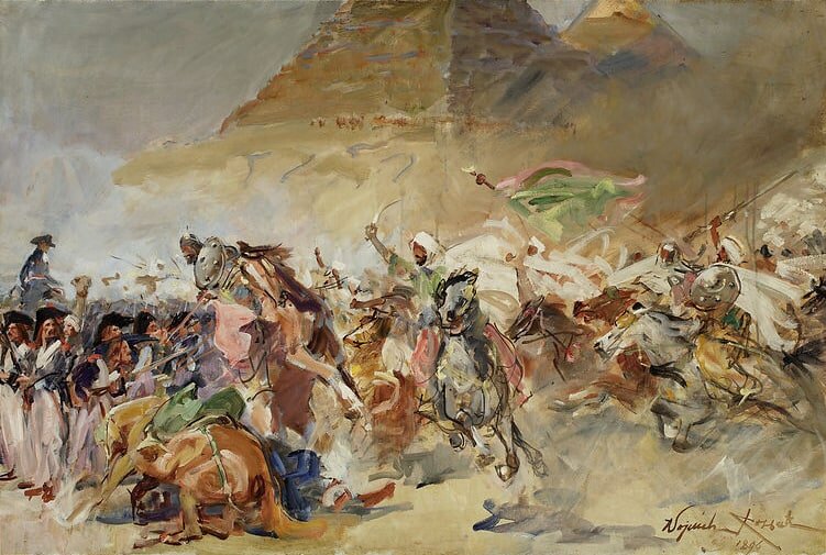 La bataille des Pyramides, le 21 juillet 1798, vu par Wojciech Kossak. Au cours des combats, Lasalle coupe la retraite des mamelouks avec 60 cavaliers.